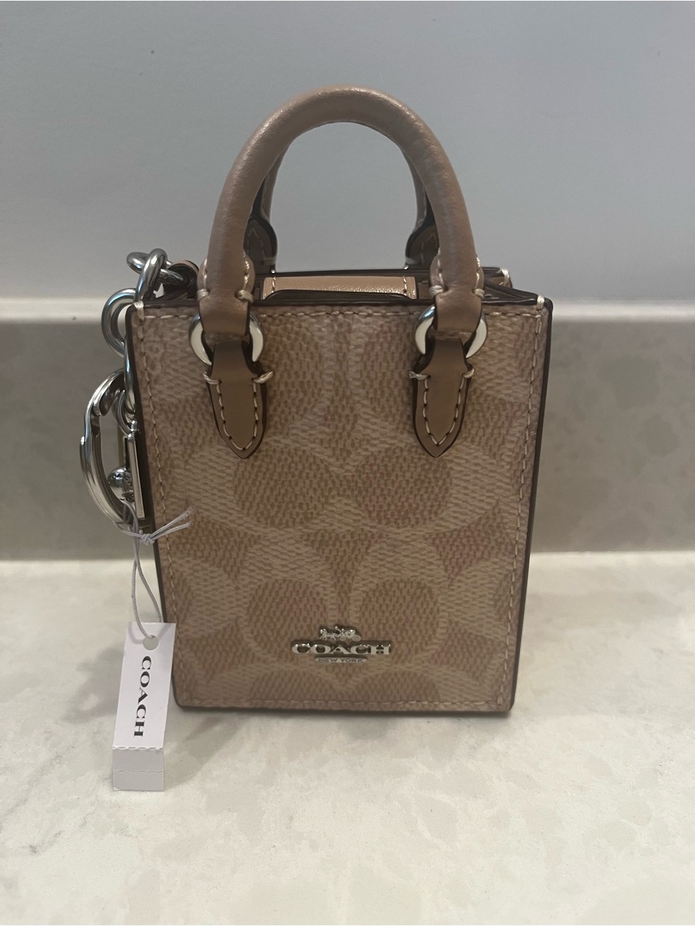 NWT Coach Mini Tote Keychain in Beige Signature Canvas